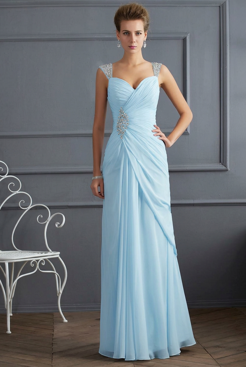 Light blue sweetheart beaded column prom dress