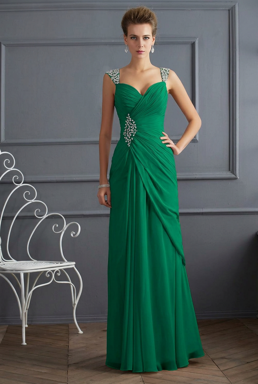 Emerald green sweetheart beaded column prom dress