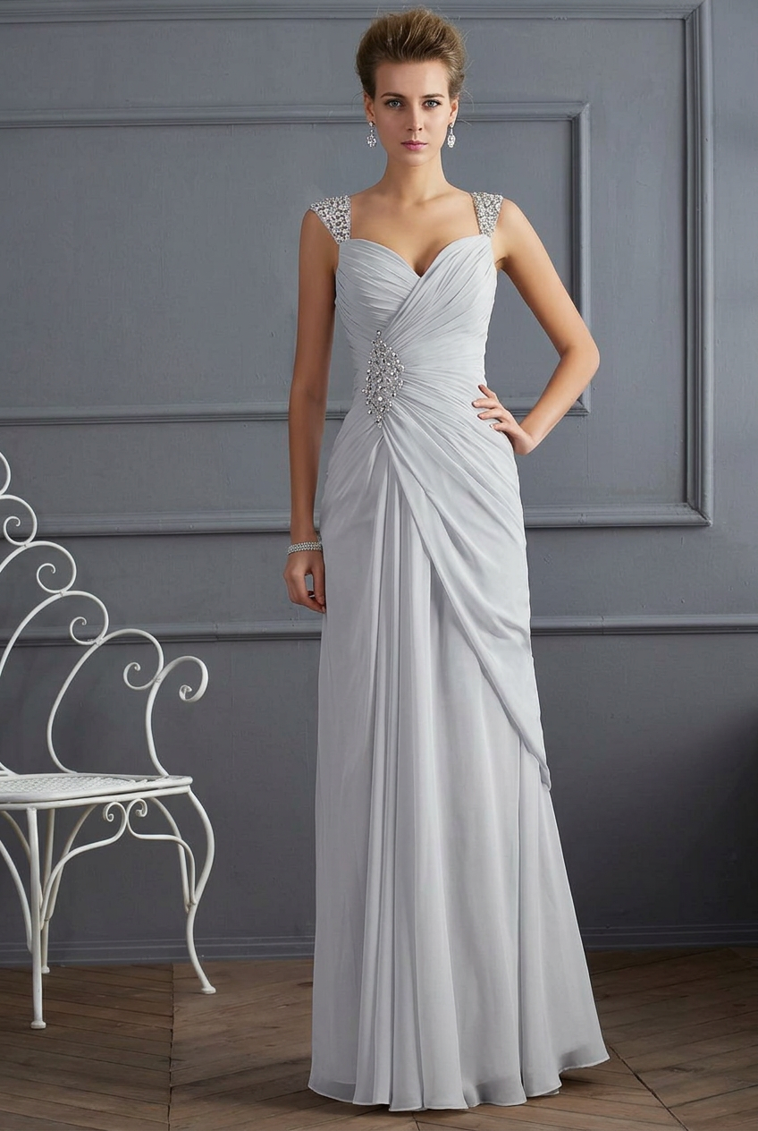 Silver sweetheart beaded column prom dress