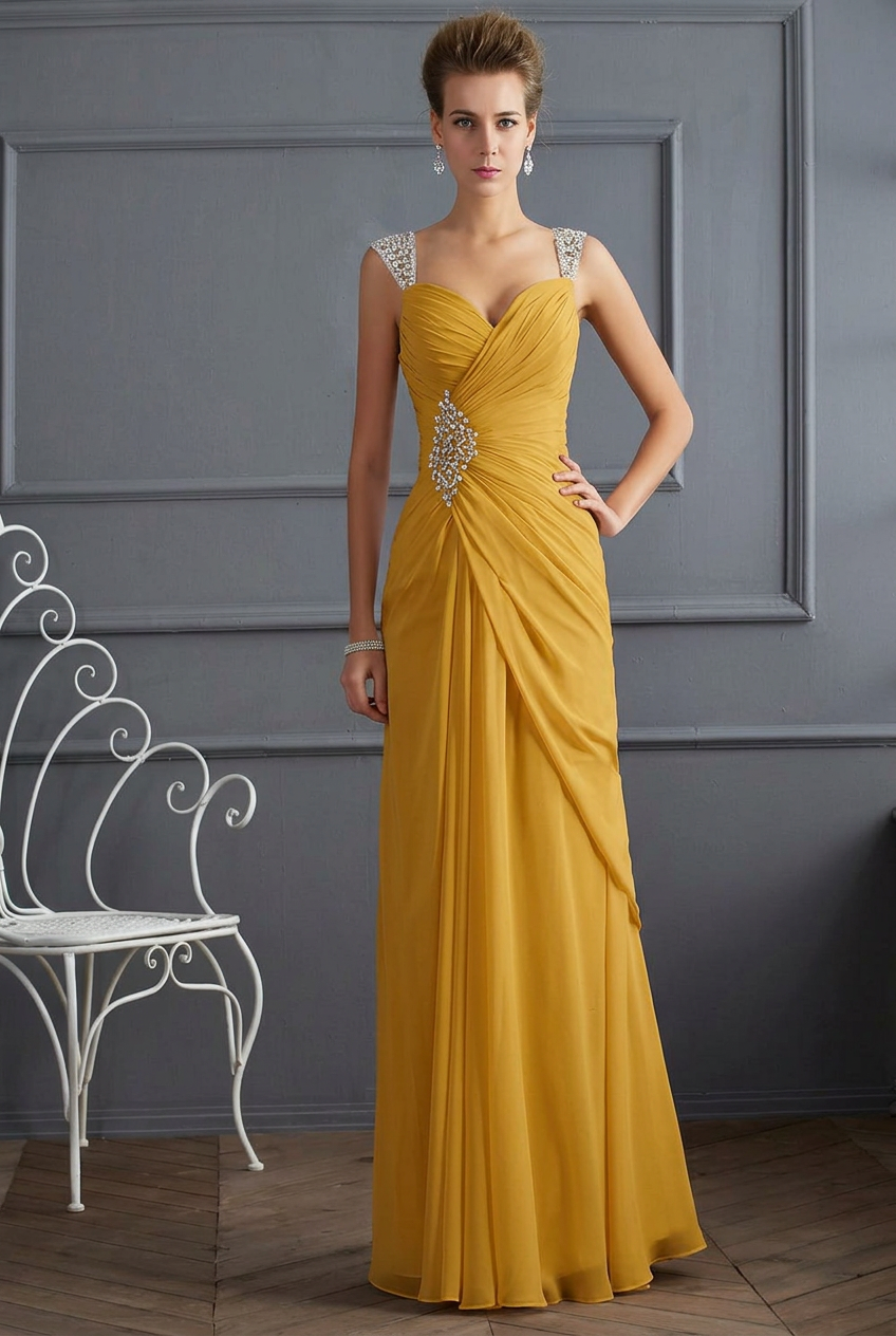 Gold sweetheart beaded column prom dress