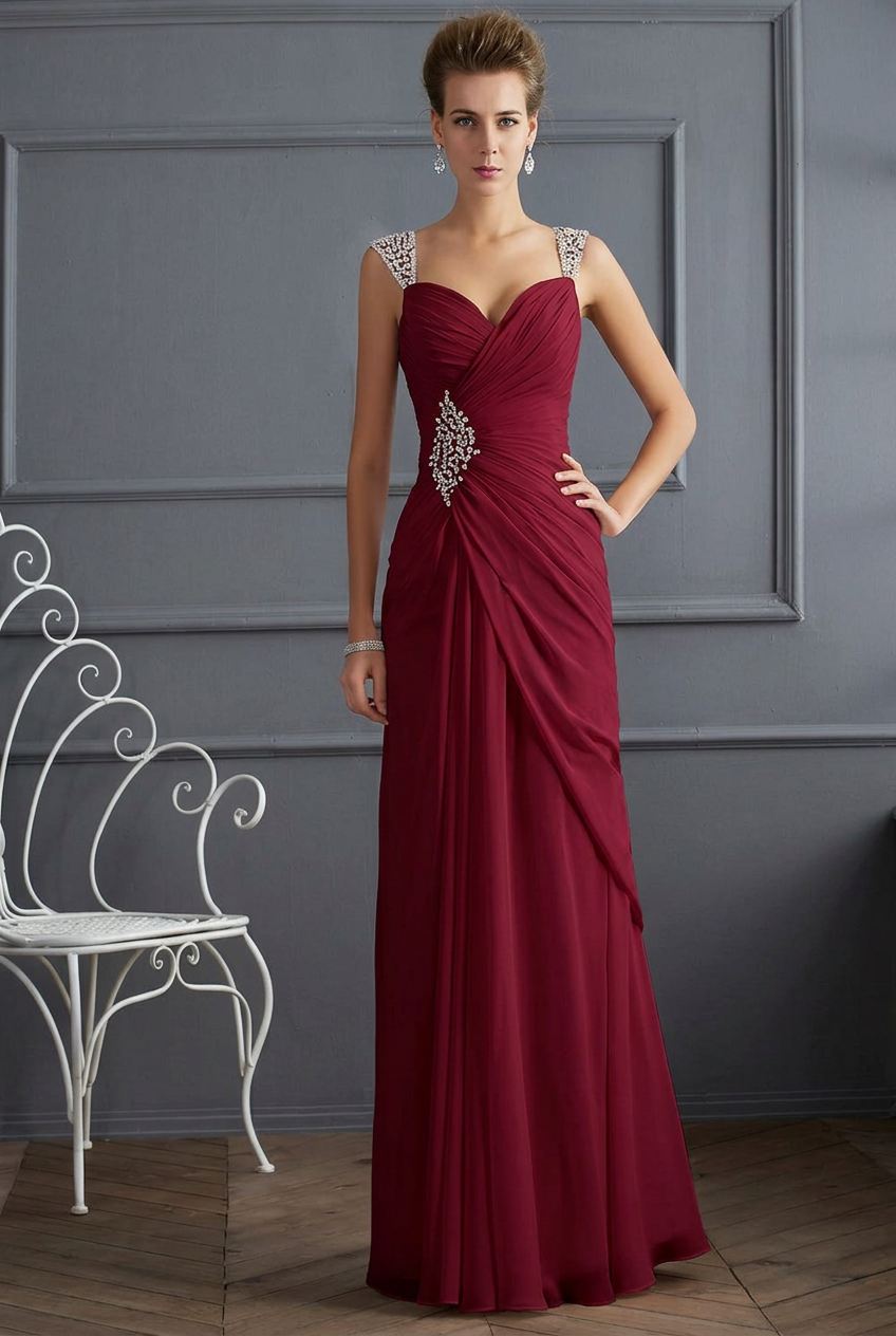 Burgundy sweetheart beaded column prom dress