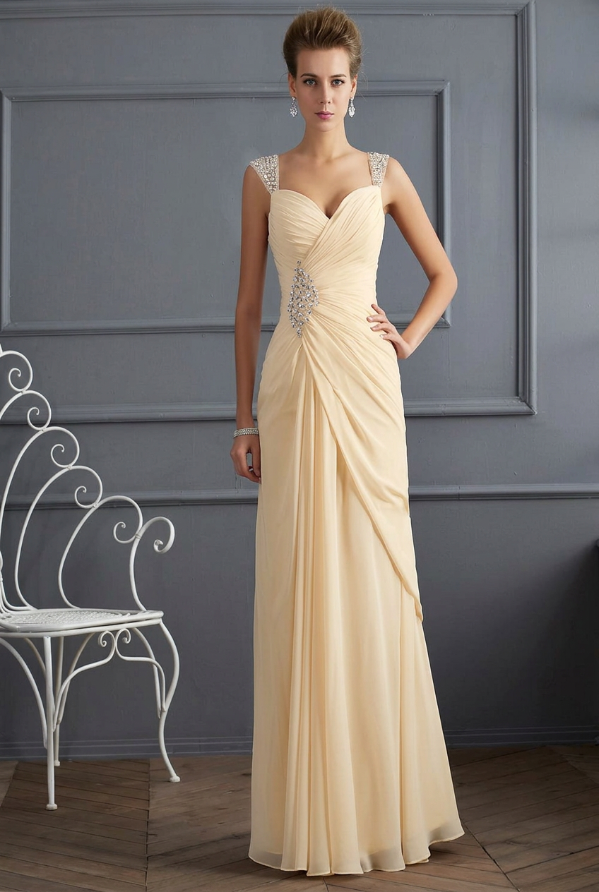 Champagne sweetheart beaded column prom dress