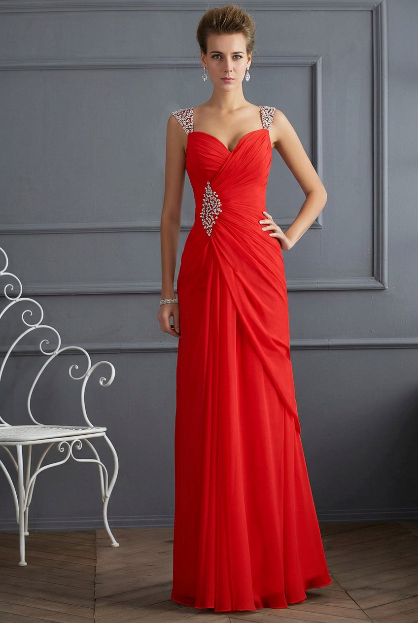 Red sweetheart beaded column prom dress