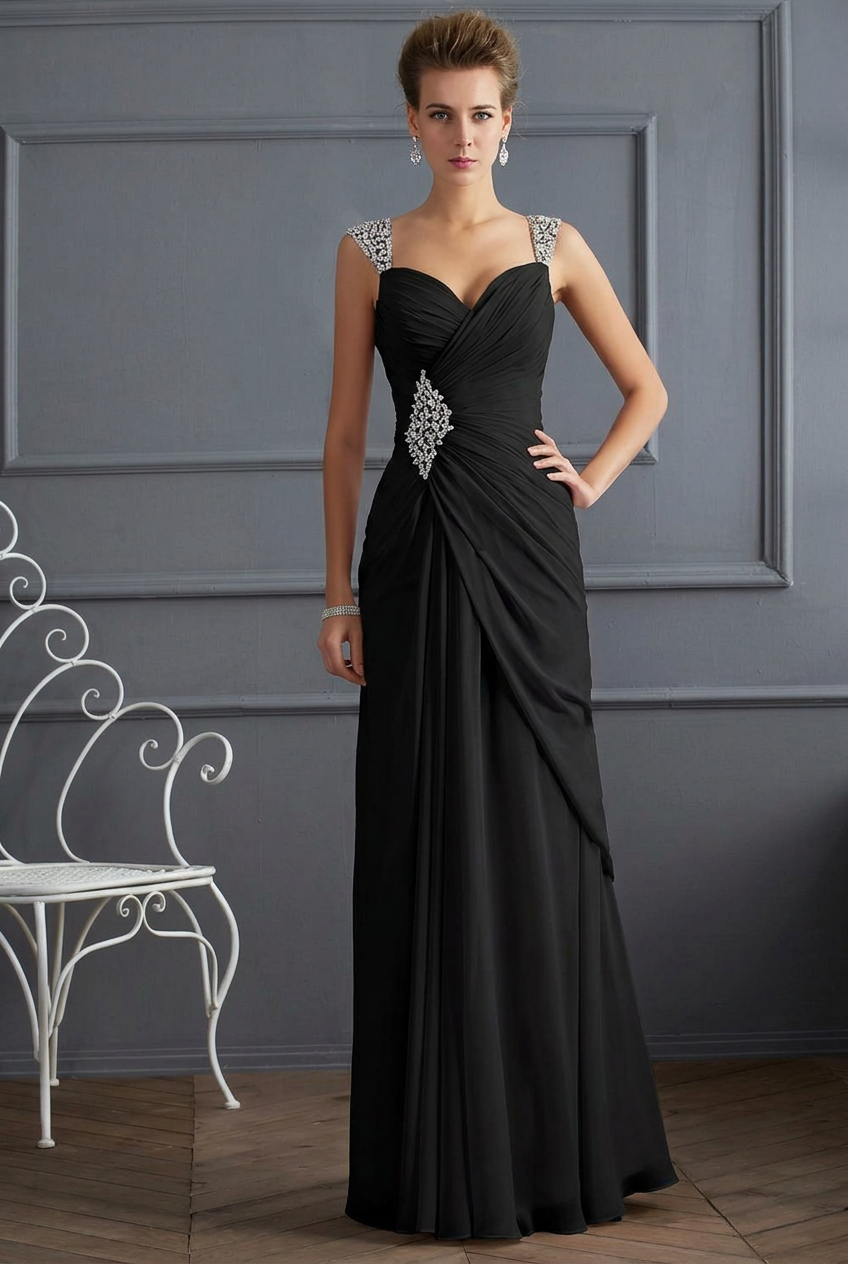 Black sweetheart beaded column prom dress