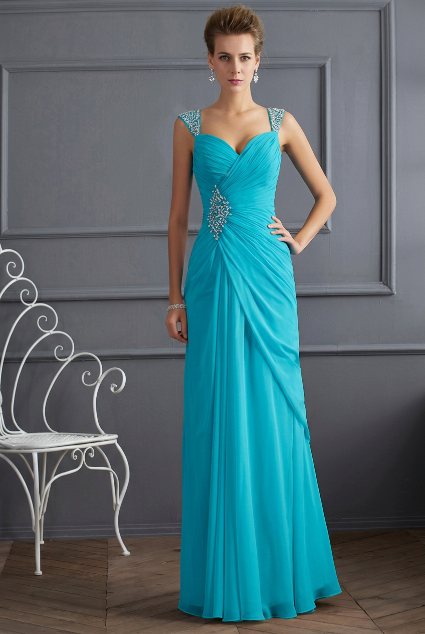 Turquoise sweetheart beaded column prom dress