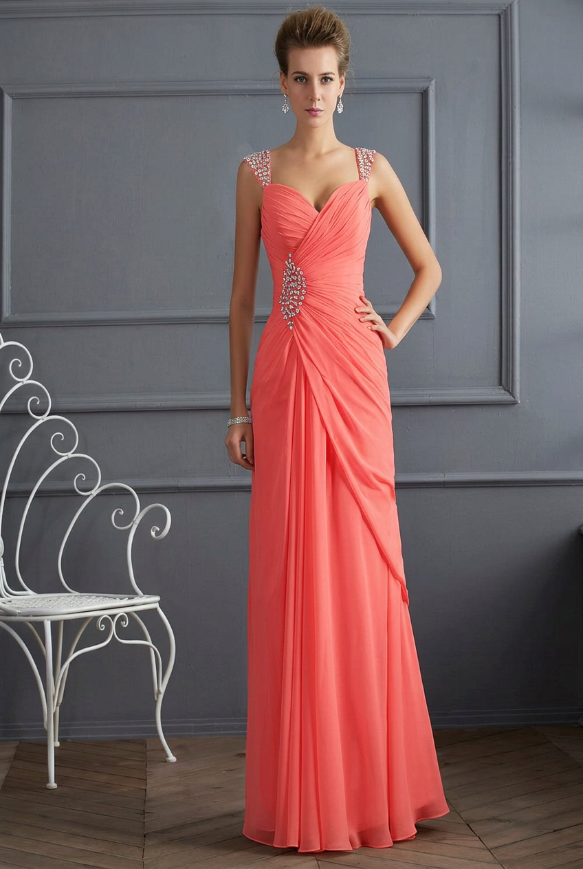 Coral sweetheart beaded column prom dress