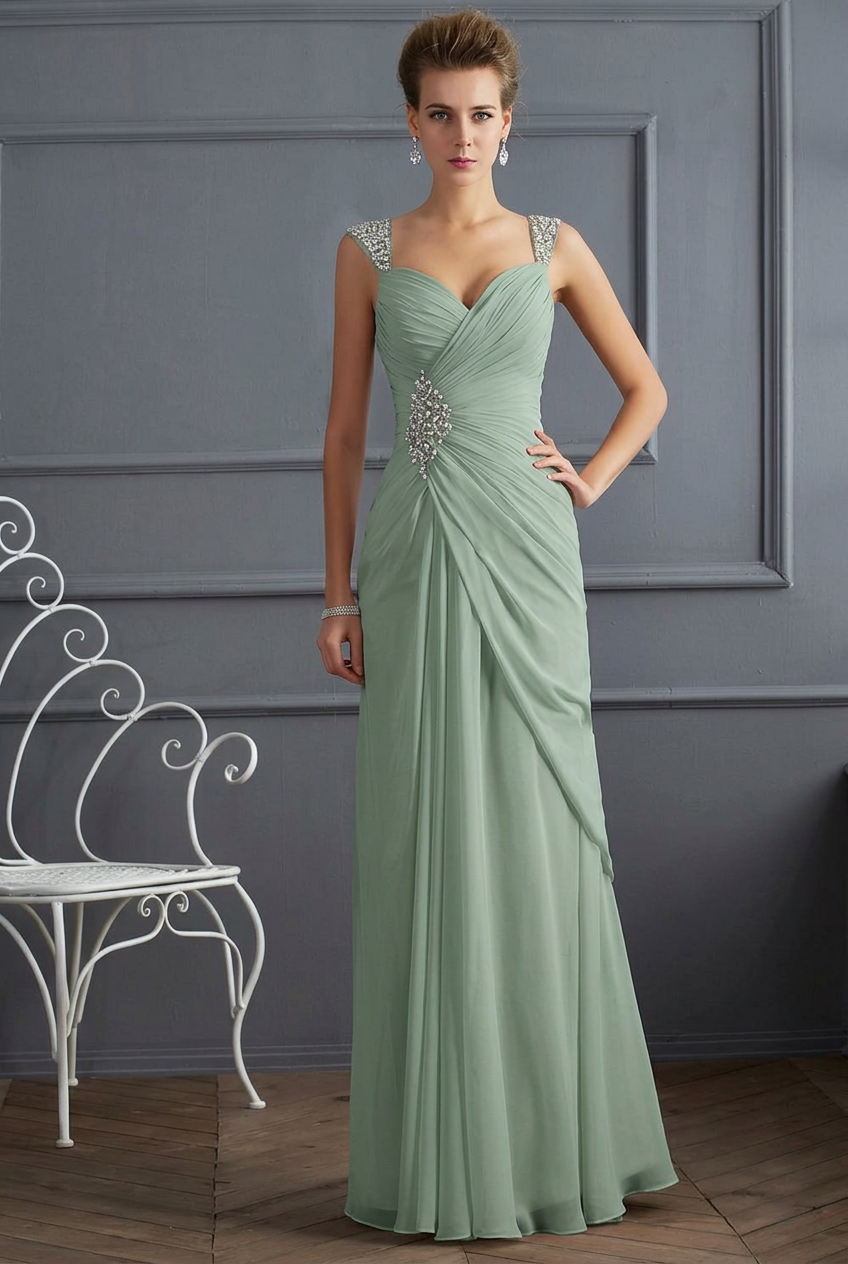 Dusty sage sweetheart beaded column prom dress