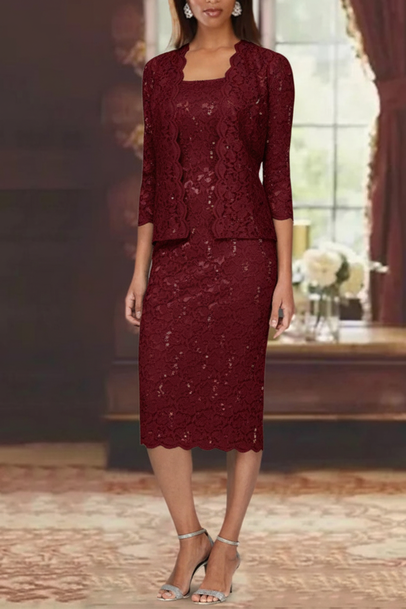 Sheath/Column 2 Pieces Scoop Lace Mother of the Bride Dresses with Jacket 3/4 Sleeves Knee-Length