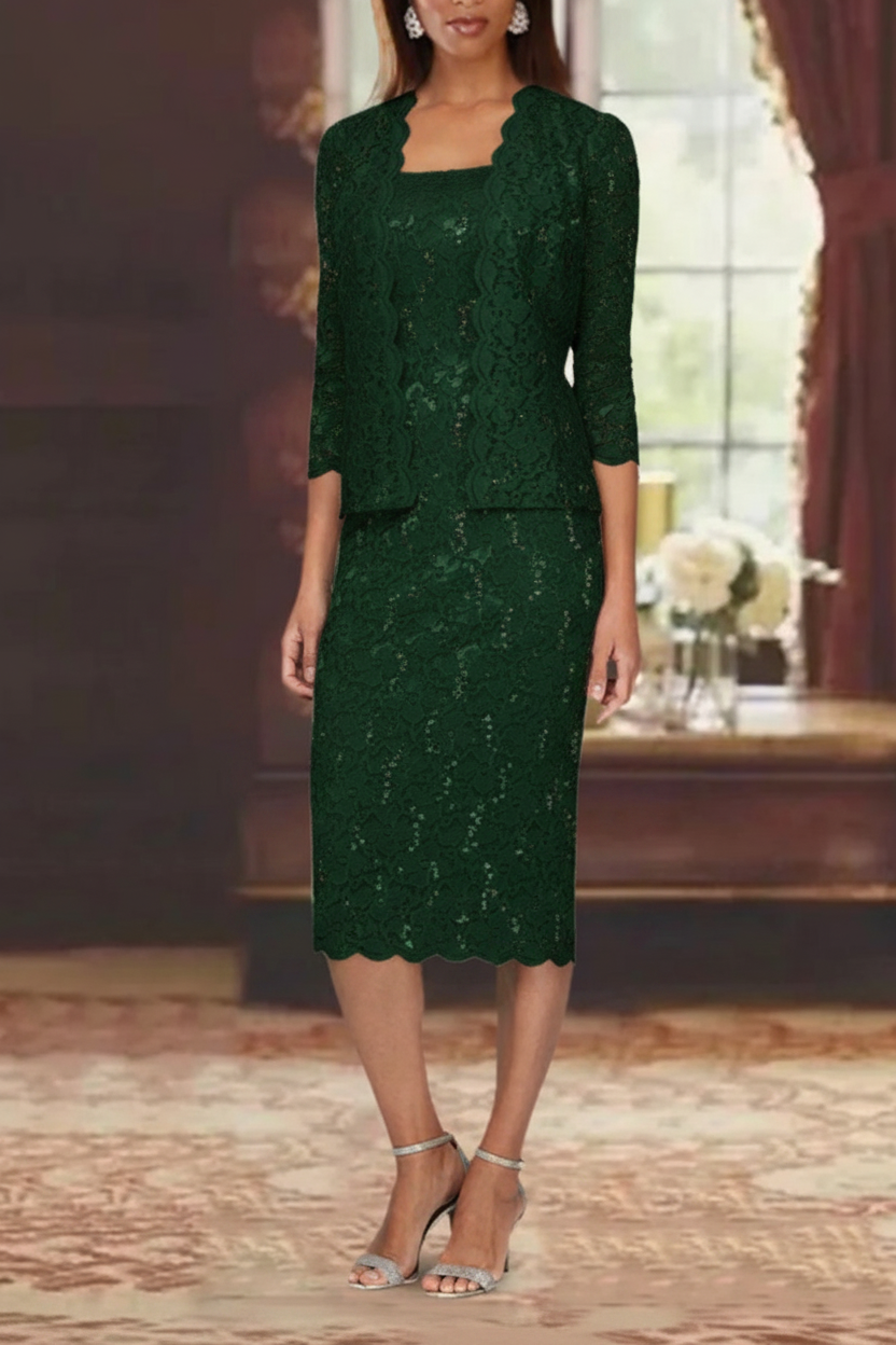 Sheath/Column 2 Pieces Scoop Lace Mother of the Bride Dresses with Jacket 3/4 Sleeves Knee-Length