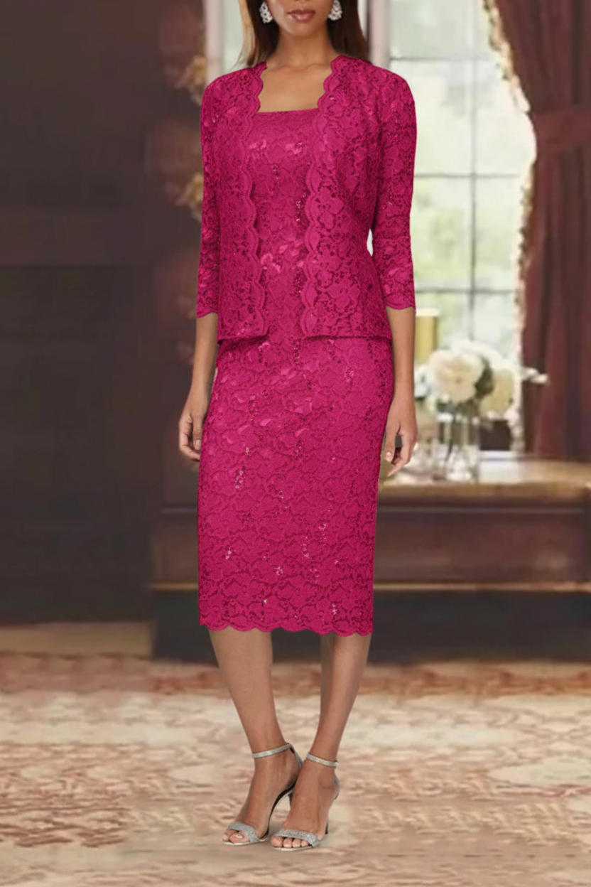 Sheath/Column 2 Pieces Scoop Lace Mother of the Bride Dresses with Jacket 3/4 Sleeves Knee-Length