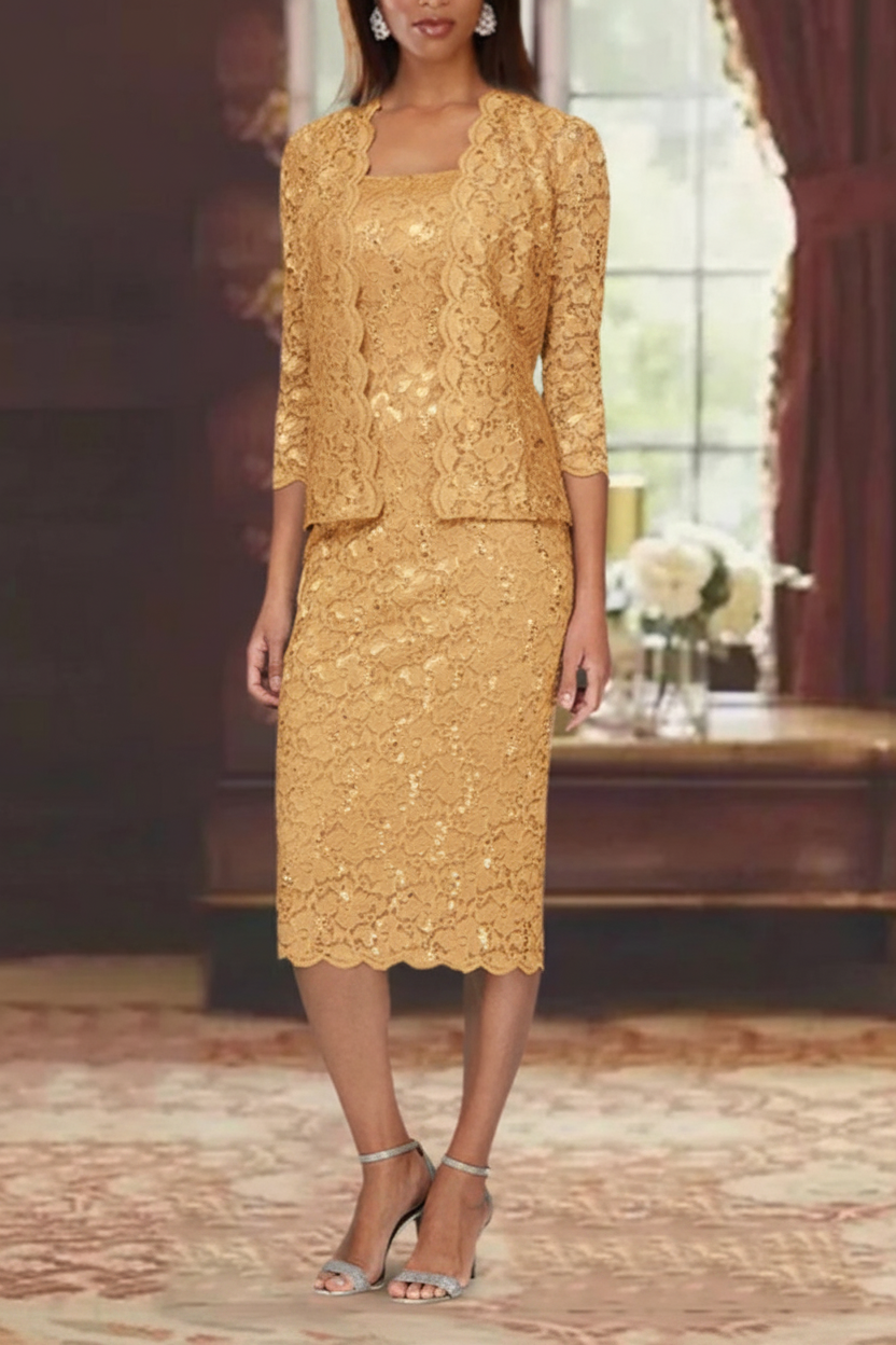 Sheath/Column 2 Pieces Scoop Lace Mother of the Bride Dresses with Jacket 3/4 Sleeves Knee-Length