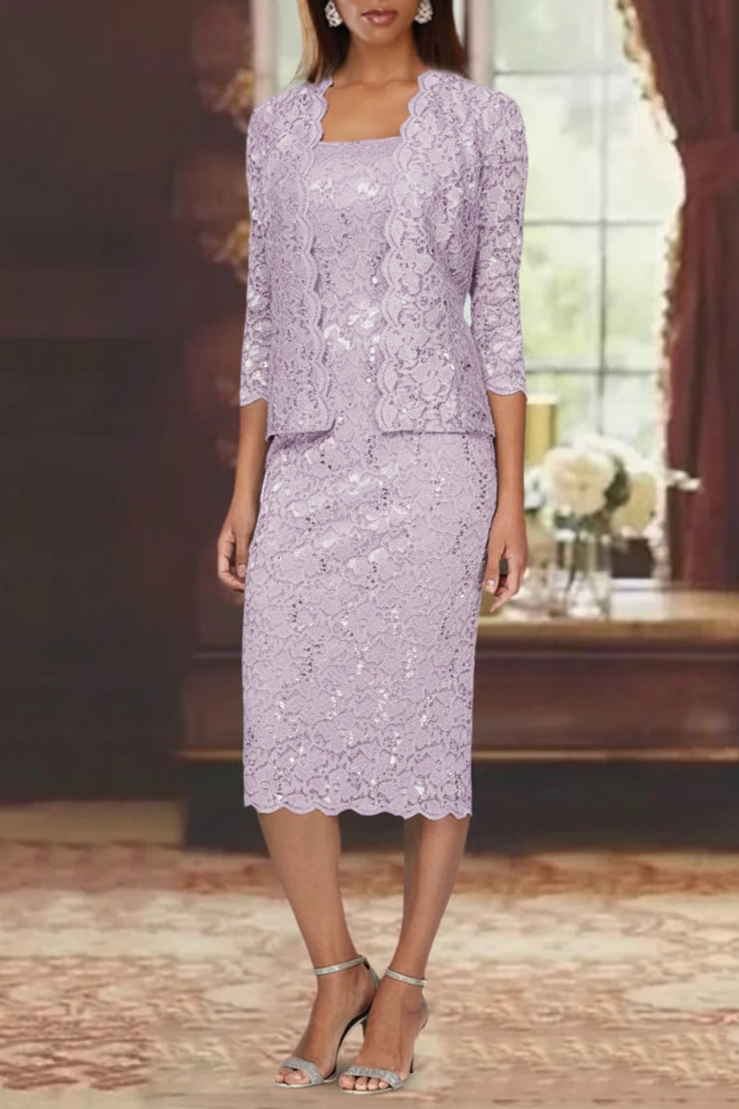 Sheath/Column 2 Pieces Scoop Lace Mother of the Bride Dresses with Jacket 3/4 Sleeves Knee-Length
