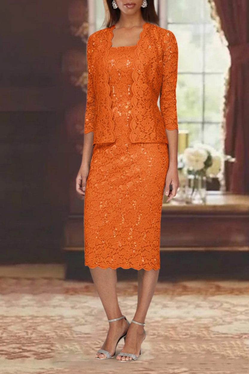 Sheath/Column 2 Pieces Scoop Lace Mother of the Bride Dresses with Jacket 3/4 Sleeves Knee-Length