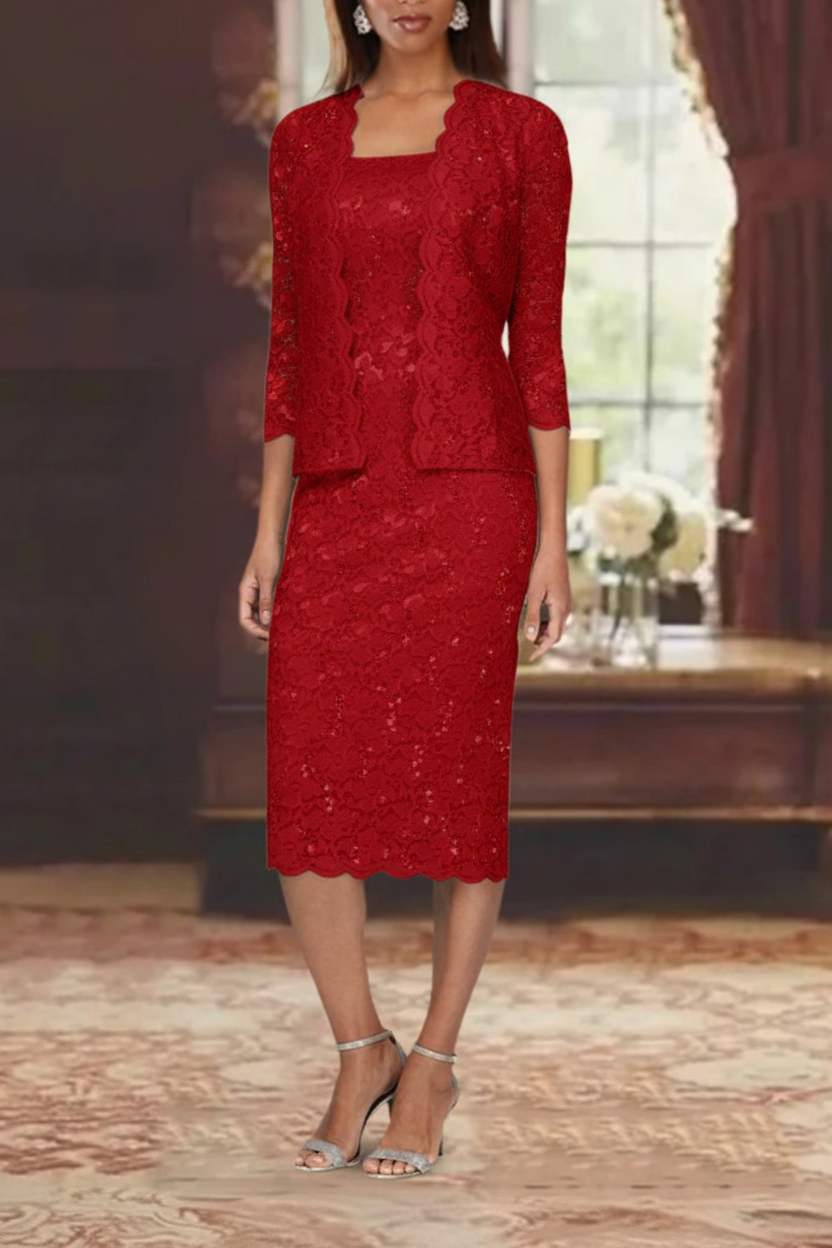 Sheath/Column 2 Pieces Scoop Lace Mother of the Bride Dresses with Jacket 3/4 Sleeves Knee-Length