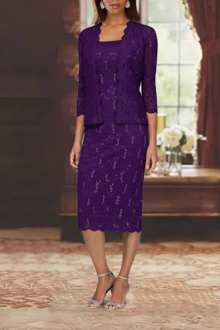 Sheath/Column 2 Pieces Scoop Lace Mother of the Bride Dresses with Jacket 3/4 Sleeves Knee-Length