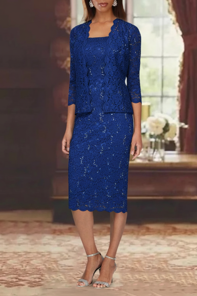 Sheath/Column 2 Pieces Scoop Lace Mother of the Bride Dresses with Jacket 3/4 Sleeves Knee-Length