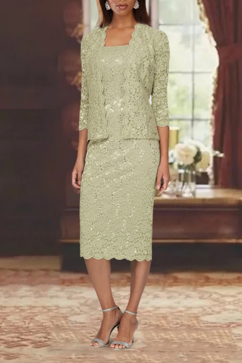 Sheath/Column 2 Pieces Scoop Lace Mother of the Bride Dresses with Jacket 3/4 Sleeves Knee-Length