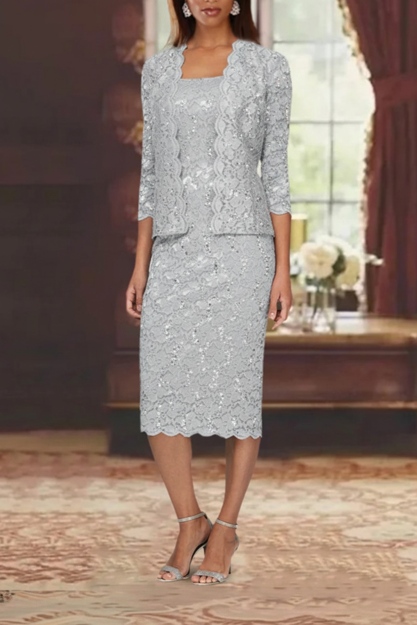 Sheath/Column 2 Pieces Scoop Lace Mother of the Bride Dresses with Jacket 3/4 Sleeves Knee-Length