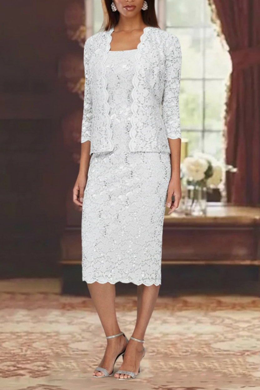 Sheath/Column 2 Pieces Scoop Lace Mother of the Bride Dresses with Jacket 3/4 Sleeves Knee-Length