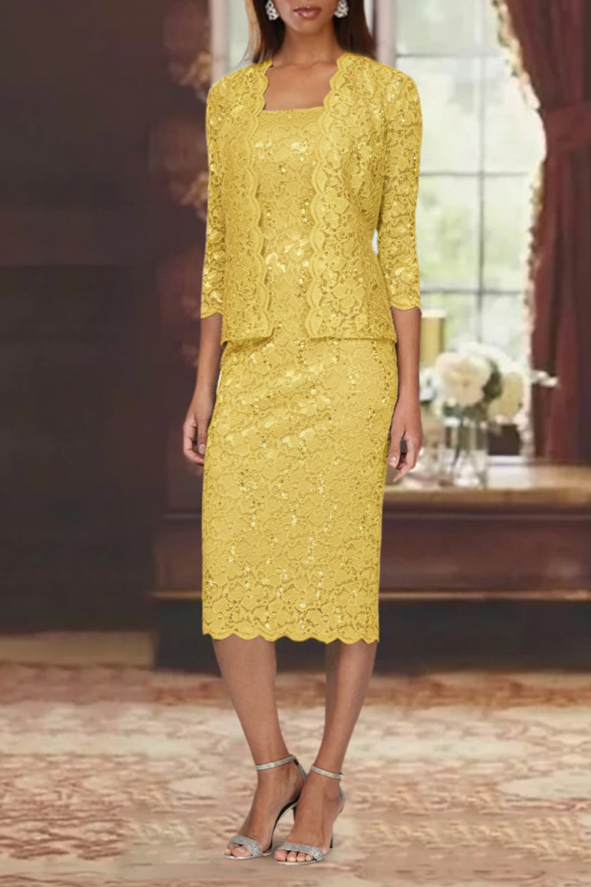 Sheath/Column 2 Pieces Scoop Lace Mother of the Bride Dresses with Jacket 3/4 Sleeves Knee-Length