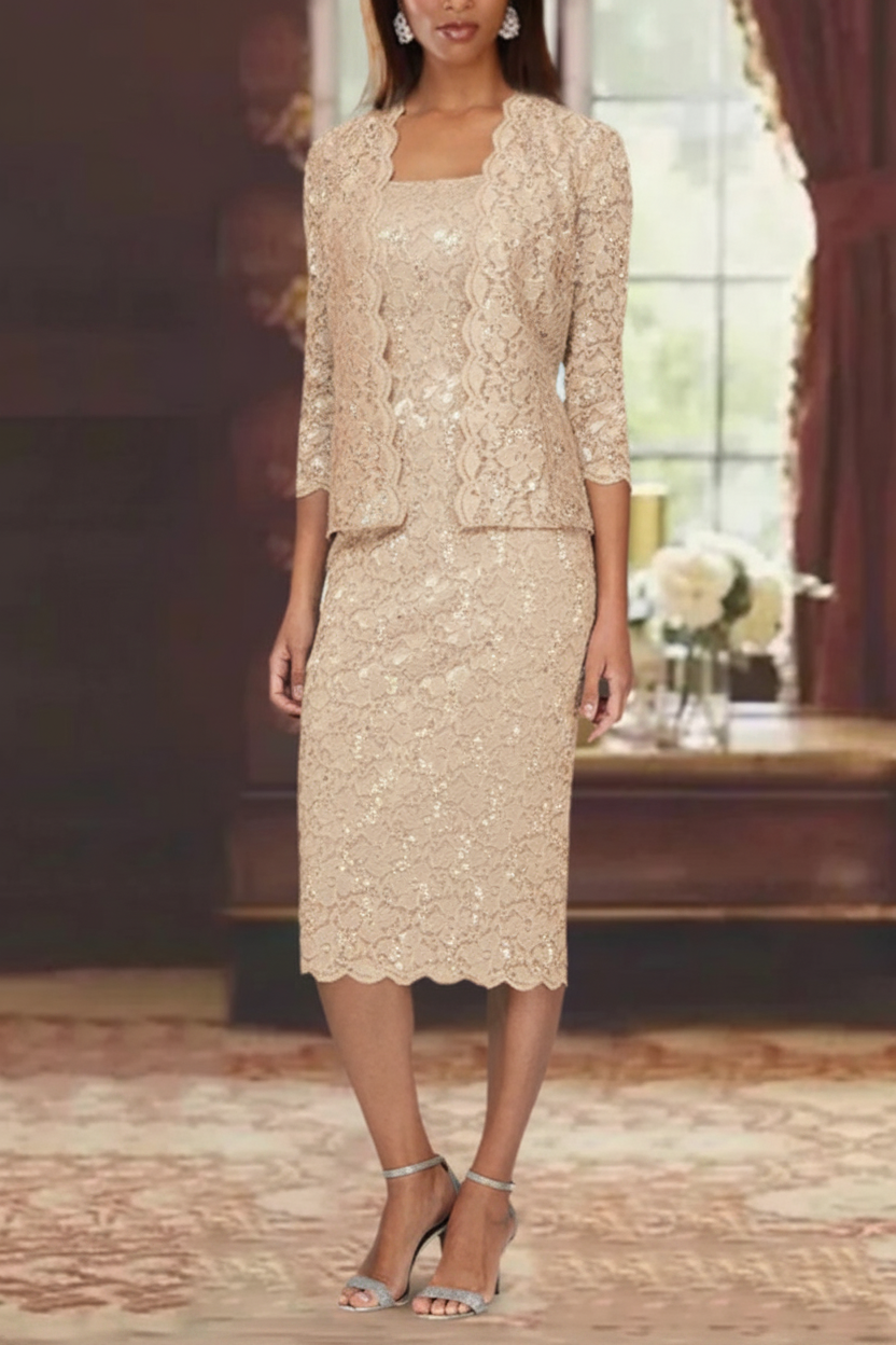 Sheath/Column 2 Pieces Scoop Lace Mother of the Bride Dresses with Jacket 3/4 Sleeves Knee-Length