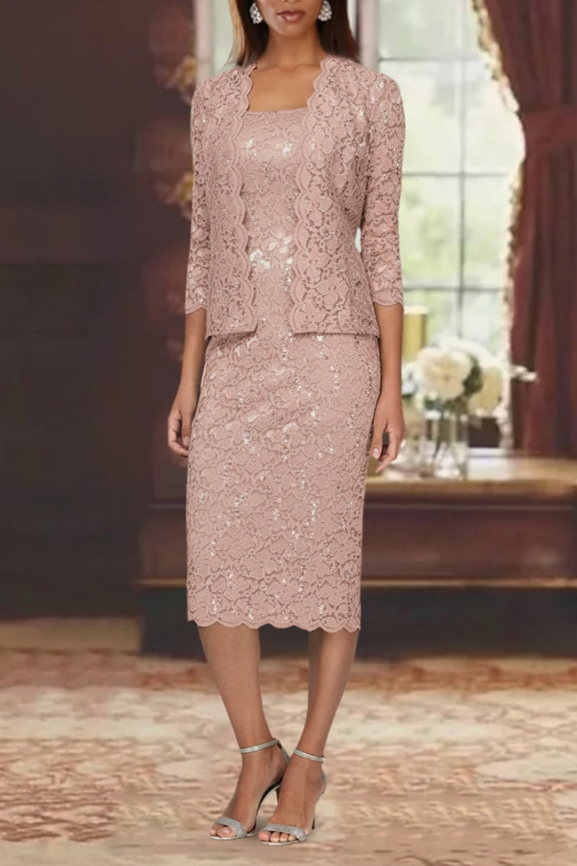 Sheath/Column 2 Pieces Scoop Lace Mother of the Bride Dresses with Jacket 3/4 Sleeves Knee-Length