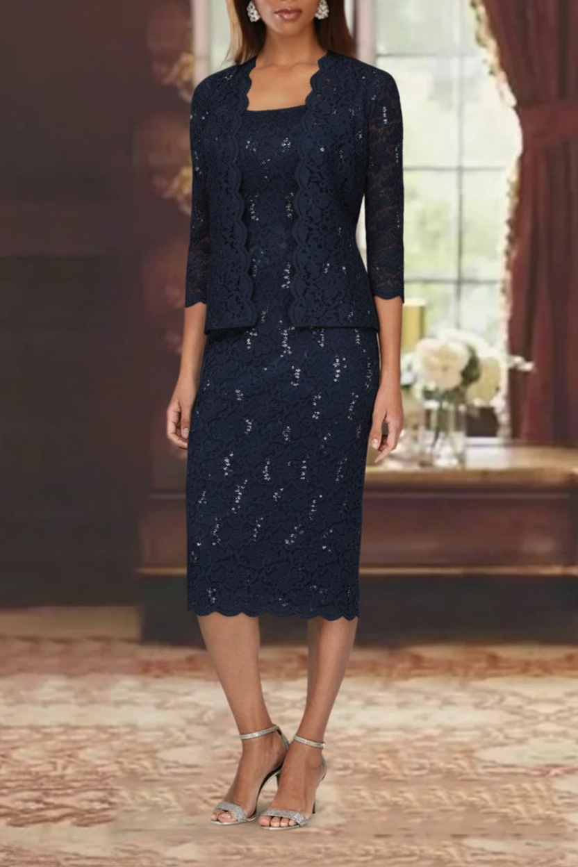 Sheath/Column 2 Pieces Scoop Lace Mother of the Bride Dresses with Jacket 3/4 Sleeves Knee-Length