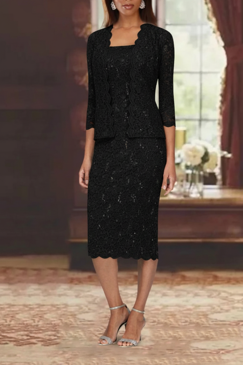 Sheath/Column 2 Pieces Scoop Lace Mother of the Bride Dresses with Jacket 3/4 Sleeves Knee-Length