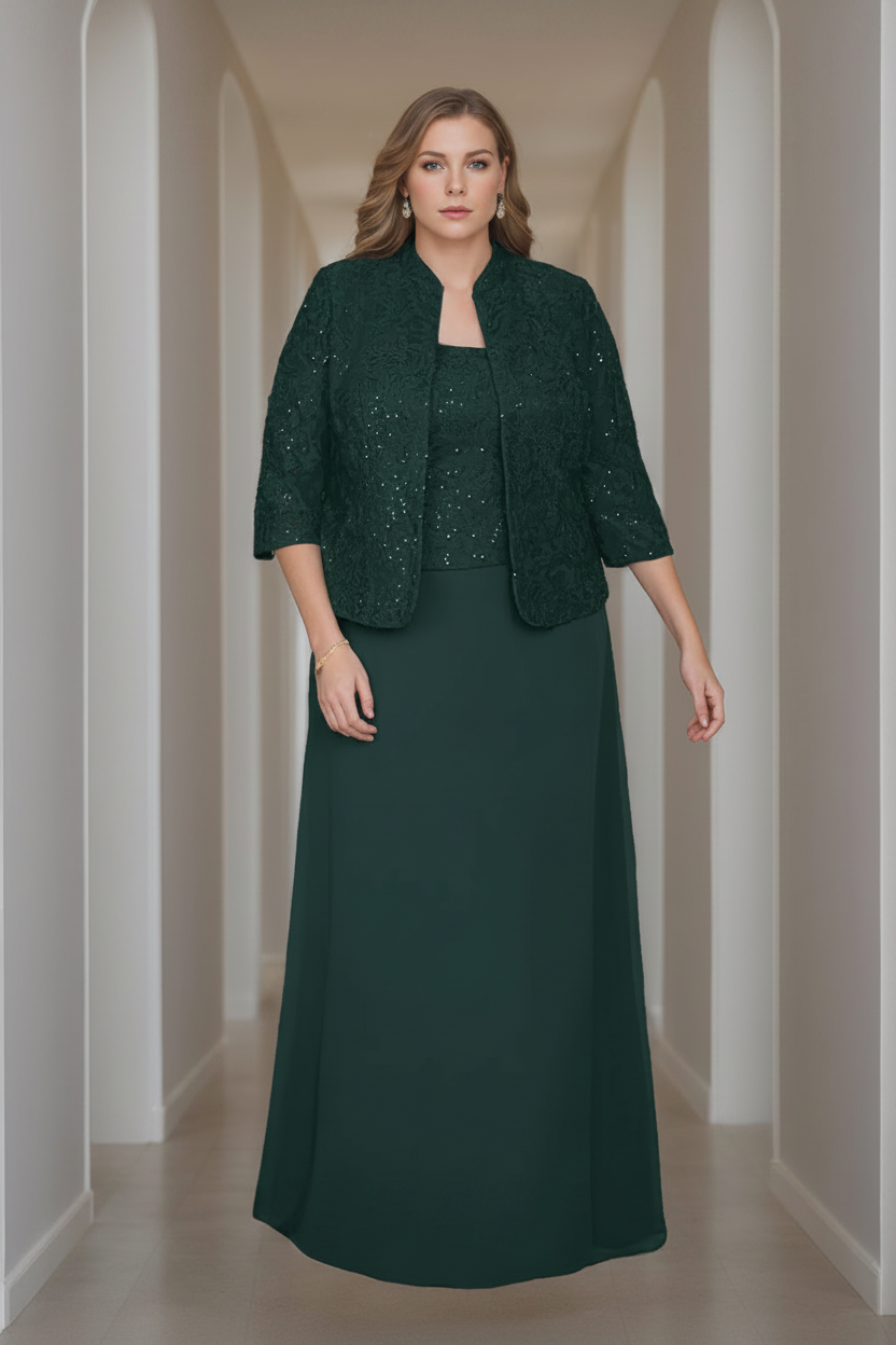 Sheath/Column 2 Pieces Square Neck 3/4 Length Sleeves Floor-Length Mother of the Bride Dresses with Jacket, Lace & Sequins