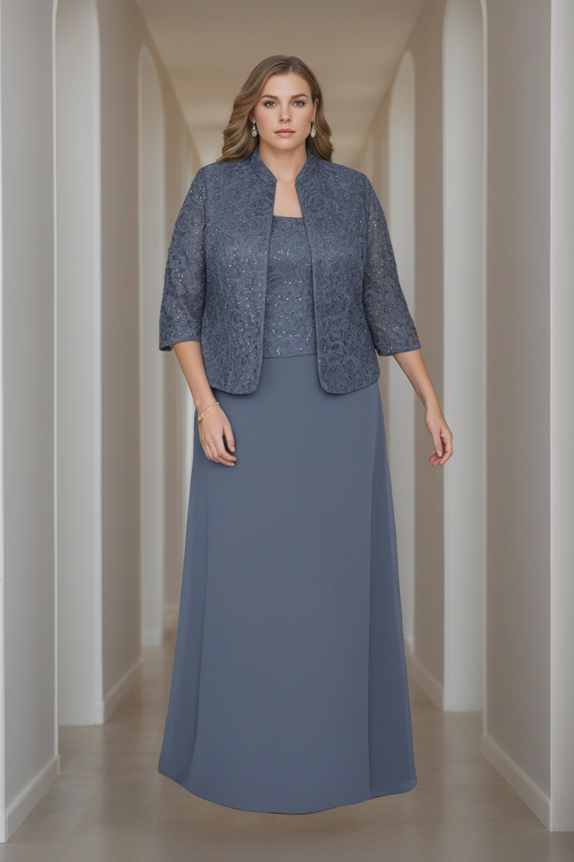 Sheath/Column 2 Pieces Square Neck 3/4 Length Sleeves Floor-Length Mother of the Bride Dresses with Jacket, Lace & Sequins
