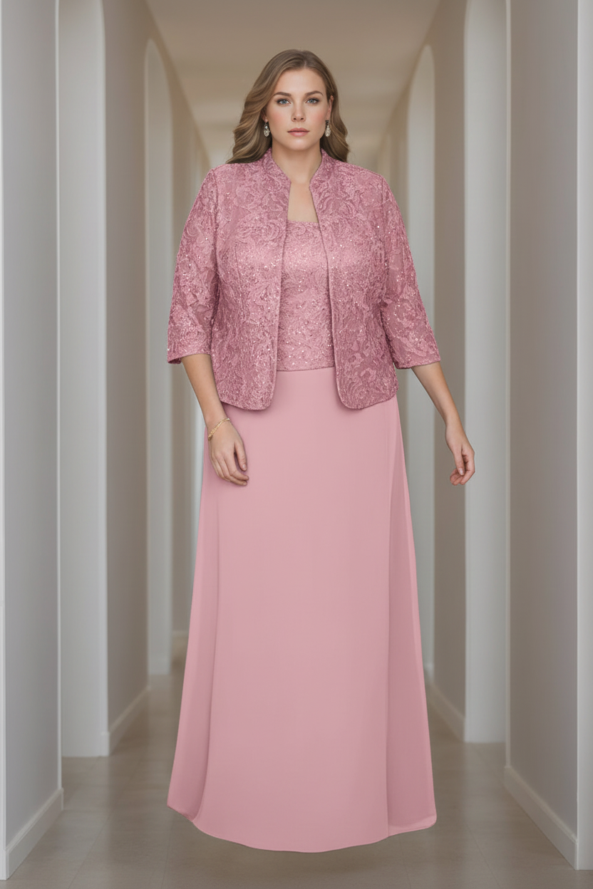 Sheath/Column 2 Pieces Square Neck 3/4 Length Sleeves Floor-Length Mother of the Bride Dresses with Jacket, Lace & Sequins