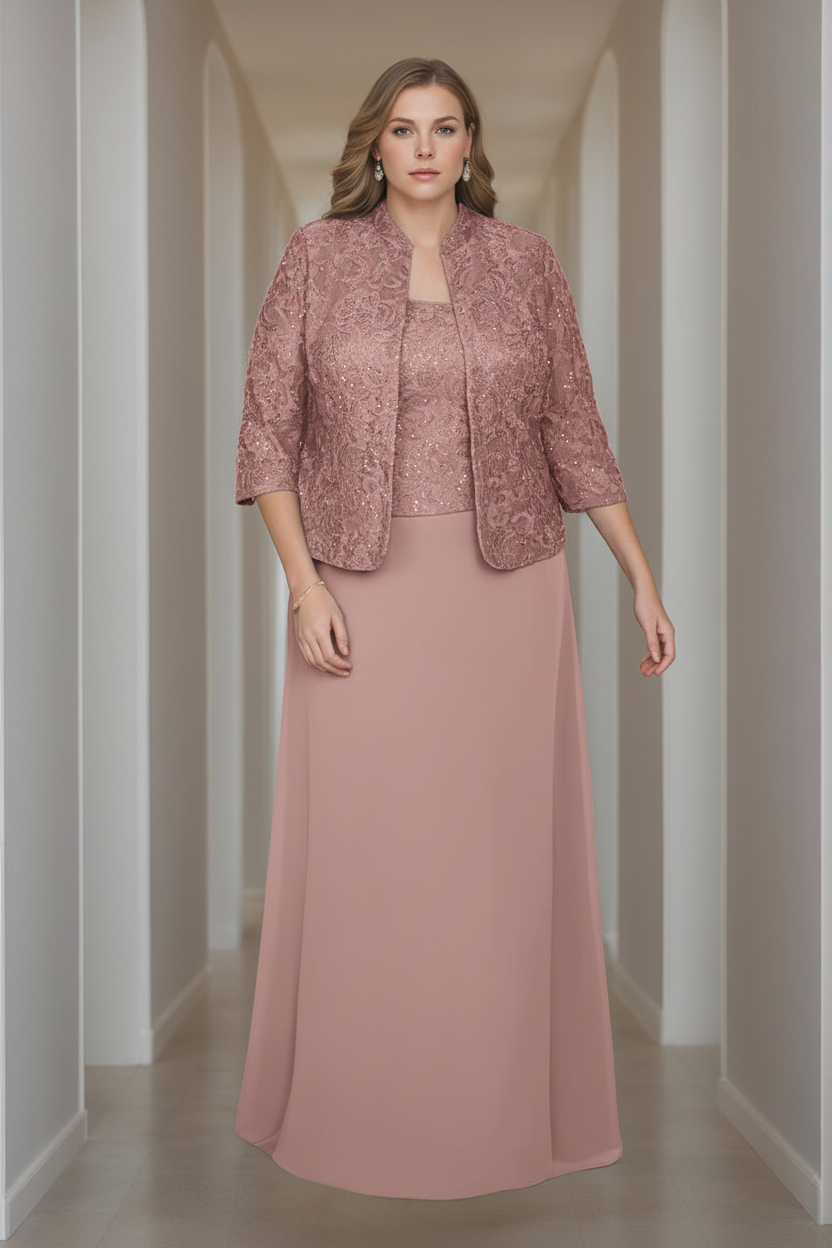 Sheath/Column 2 Pieces Square Neck 3/4 Length Sleeves Floor-Length Mother of the Bride Dresses with Jacket, Lace & Sequins