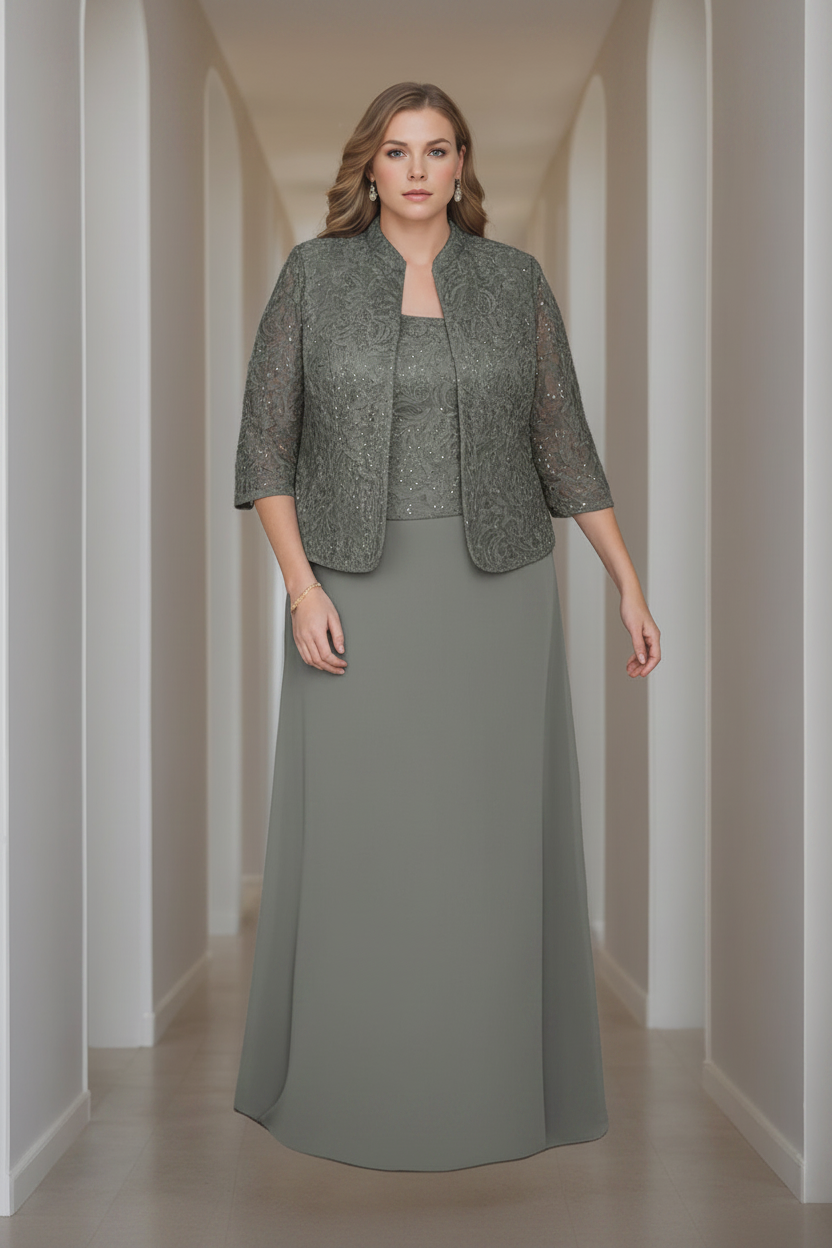 Sheath/Column 2 Pieces Square Neck 3/4 Length Sleeves Floor-Length Mother of the Bride Dresses with Jacket, Lace & Sequins