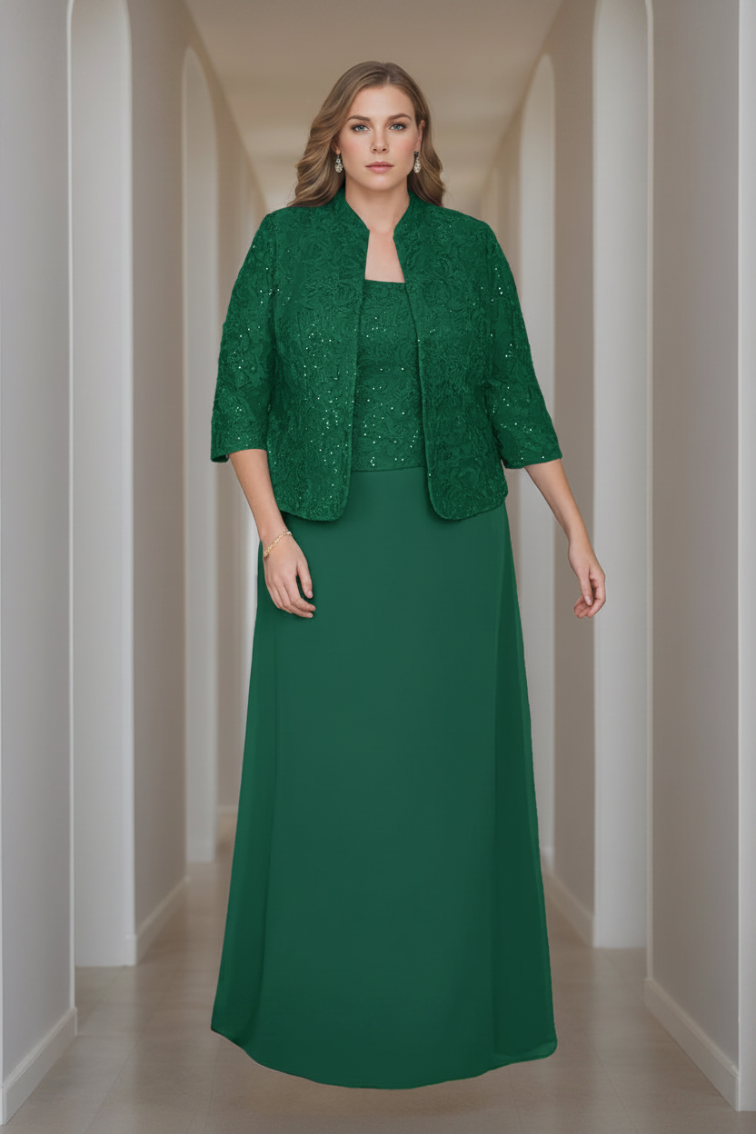 Sheath/Column 2 Pieces Square Neck 3/4 Length Sleeves Floor-Length Mother of the Bride Dresses with Jacket, Lace & Sequins