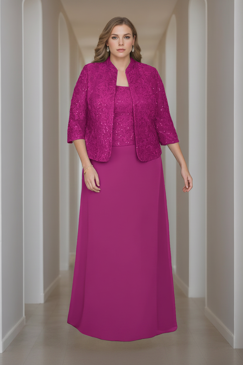 Sheath/Column 2 Pieces Square Neck 3/4 Length Sleeves Floor-Length Mother of the Bride Dresses with Jacket, Lace & Sequins