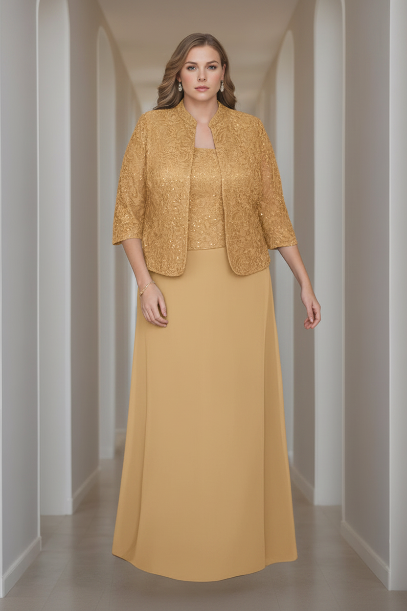 Sheath/Column 2 Pieces Square Neck 3/4 Length Sleeves Floor-Length Mother of the Bride Dresses with Jacket, Lace & Sequins