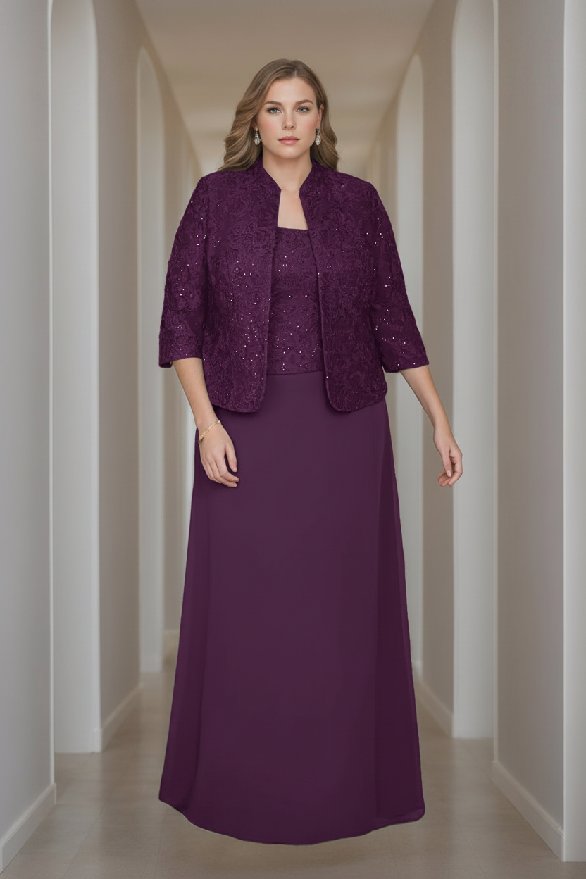 Sheath/Column 2 Pieces Square Neck 3/4 Length Sleeves Floor-Length Mother of the Bride Dresses with Jacket, Lace & Sequins