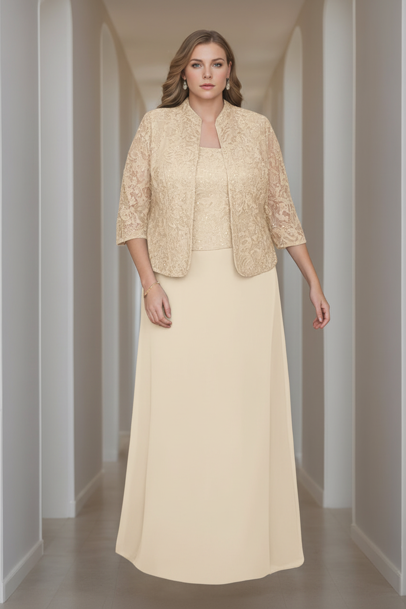 Sheath/Column 2 Pieces Square Neck 3/4 Length Sleeves Floor-Length Mother of the Bride Dresses with Jacket, Lace & Sequins