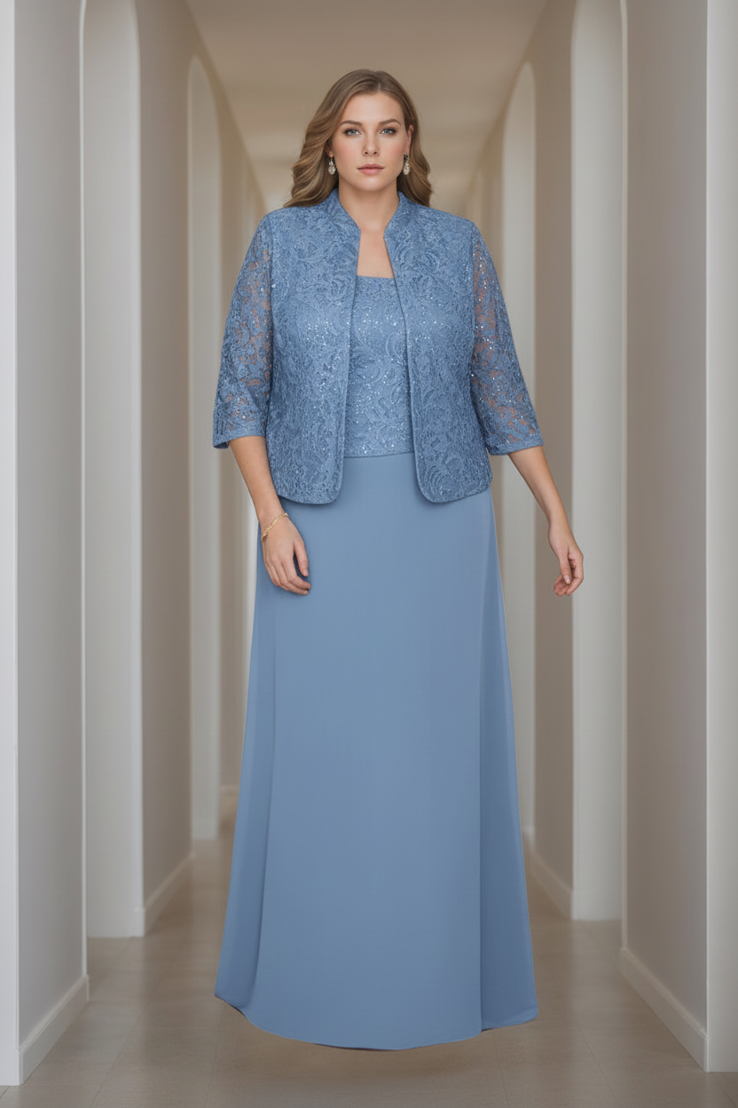 Sheath/Column 2 Pieces Square Neck 3/4 Length Sleeves Floor-Length Mother of the Bride Dresses with Jacket, Lace & Sequins