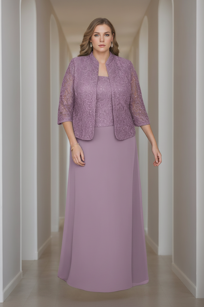 Sheath/Column 2 Pieces Square Neck 3/4 Length Sleeves Floor-Length Mother of the Bride Dresses with Jacket, Lace & Sequins