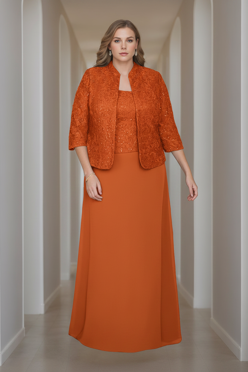 Sheath/Column 2 Pieces Square Neck 3/4 Length Sleeves Floor-Length Mother of the Bride Dresses with Jacket, Lace & Sequins