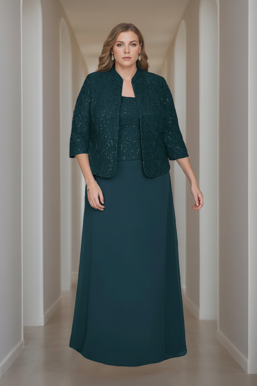 Sheath/Column 2 Pieces Square Neck 3/4 Length Sleeves Floor-Length Mother of the Bride Dresses with Jacket, Lace & Sequins