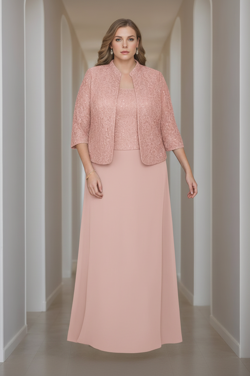Sheath/Column 2 Pieces Square Neck 3/4 Length Sleeves Floor-Length Mother of the Bride Dresses with Jacket, Lace & Sequins