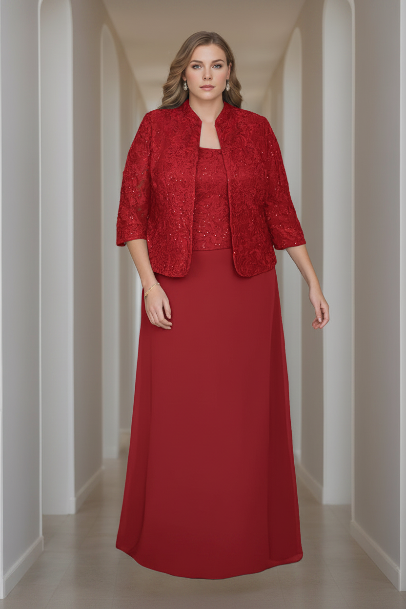 Sheath/Column 2 Pieces Square Neck 3/4 Length Sleeves Floor-Length Mother of the Bride Dresses with Jacket, Lace & Sequins
