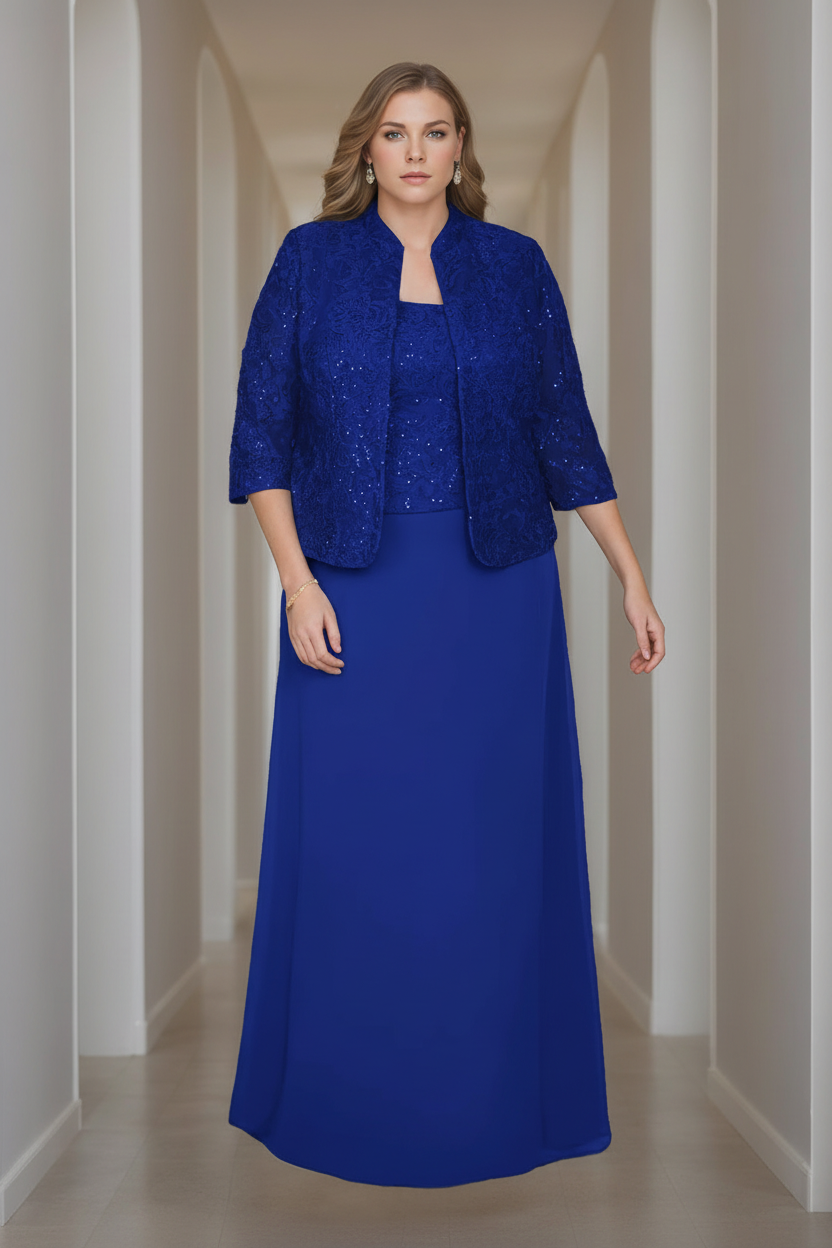 Sheath/Column 2 Pieces Square Neck 3/4 Length Sleeves Floor-Length Mother of the Bride Dresses with Jacket, Lace & Sequins