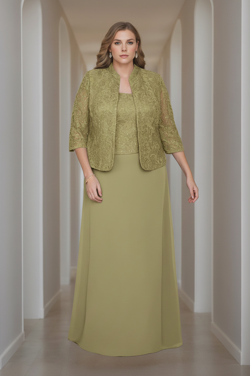 Sheath/Column 2 Pieces Square Neck 3/4 Length Sleeves Floor-Length Mother of the Bride Dresses with Jacket, Lace & Sequins