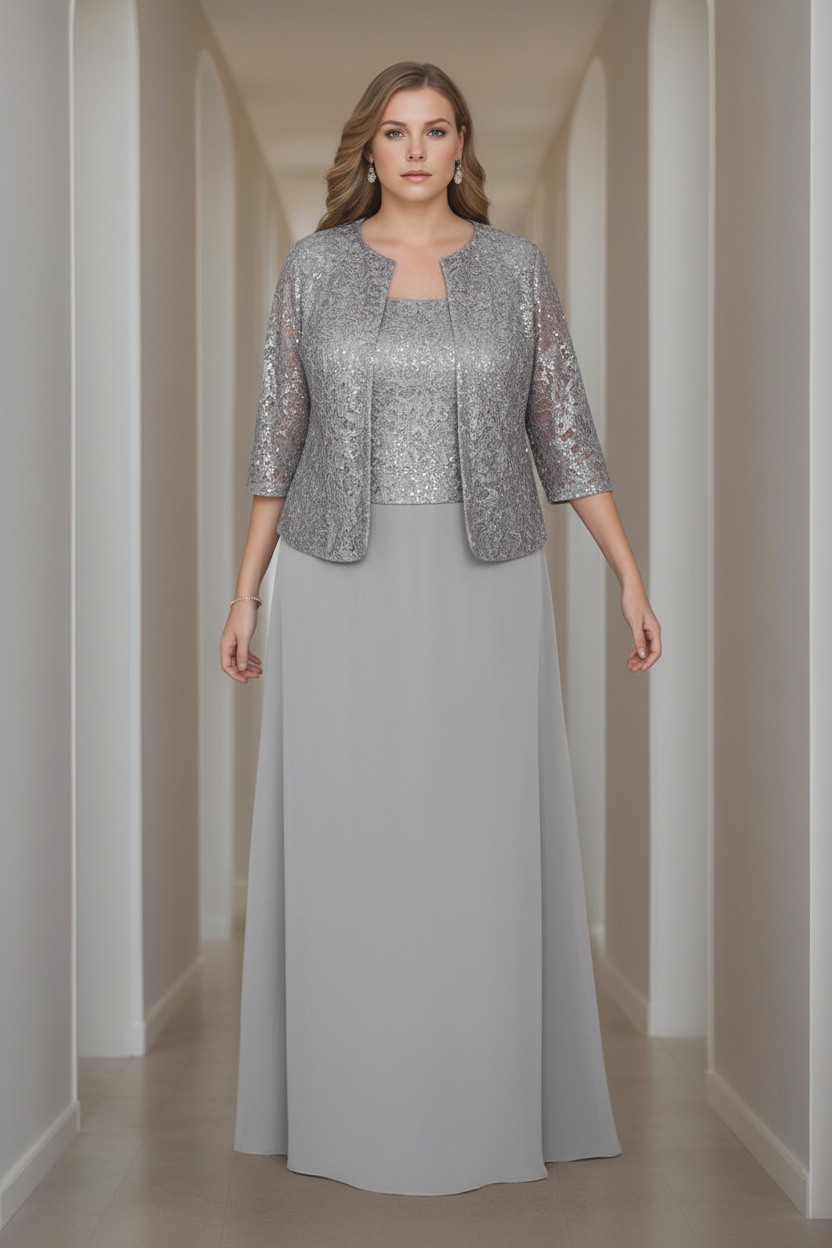 Sheath/Column 2 Pieces Square Neck 3/4 Length Sleeves Floor-Length Mother of the Bride Dresses with Jacket, Lace & Sequins