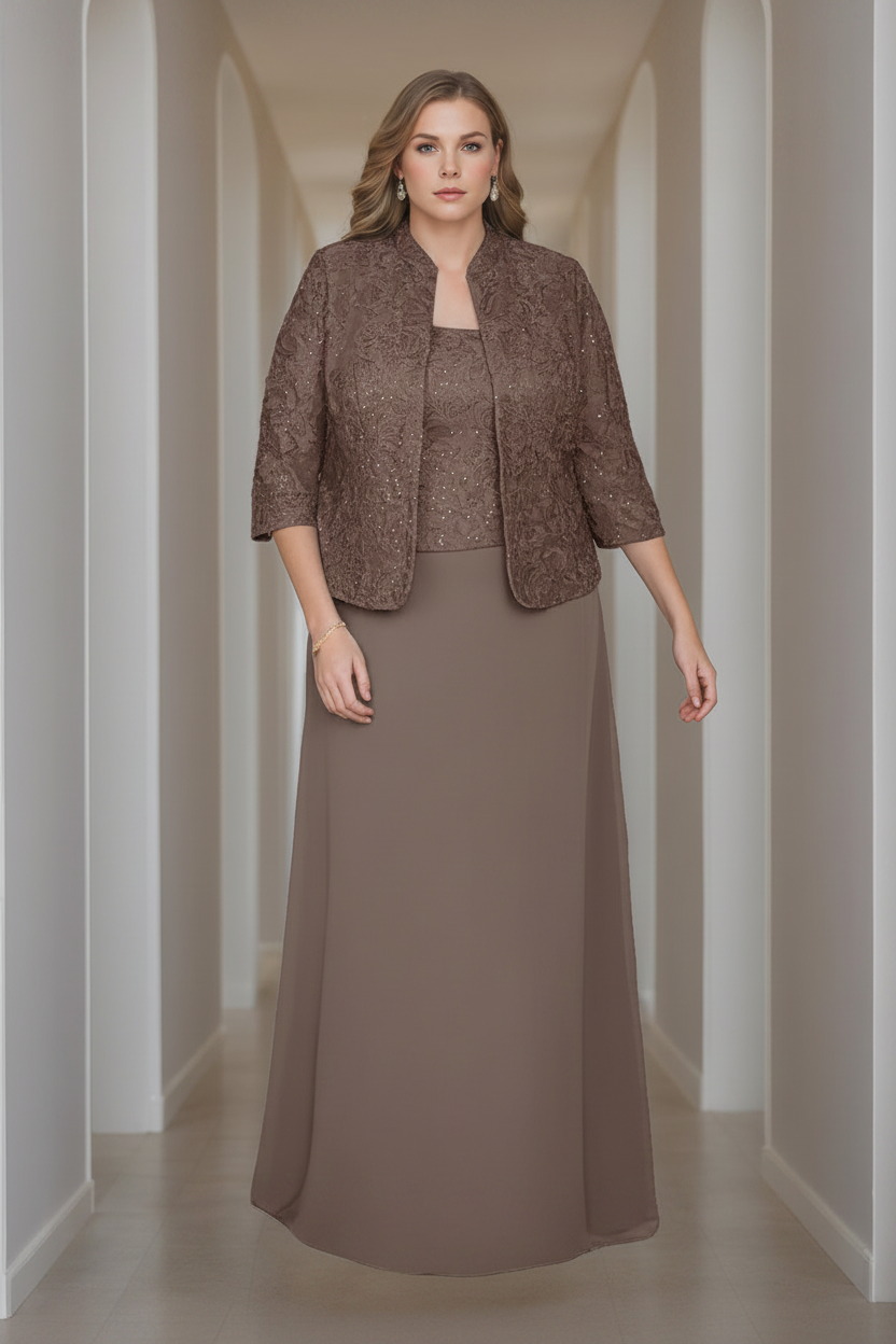 Sheath/Column 2 Pieces Square Neck 3/4 Length Sleeves Floor-Length Mother of the Bride Dresses with Jacket, Lace & Sequins