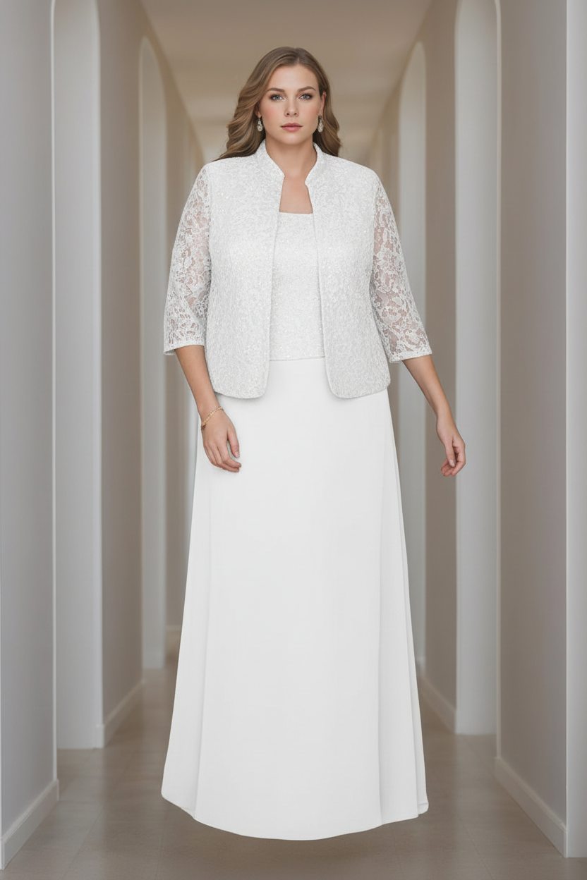 Sheath/Column 2 Pieces Square Neck 3/4 Length Sleeves Floor-Length Mother of the Bride Dresses with Jacket, Lace & Sequins