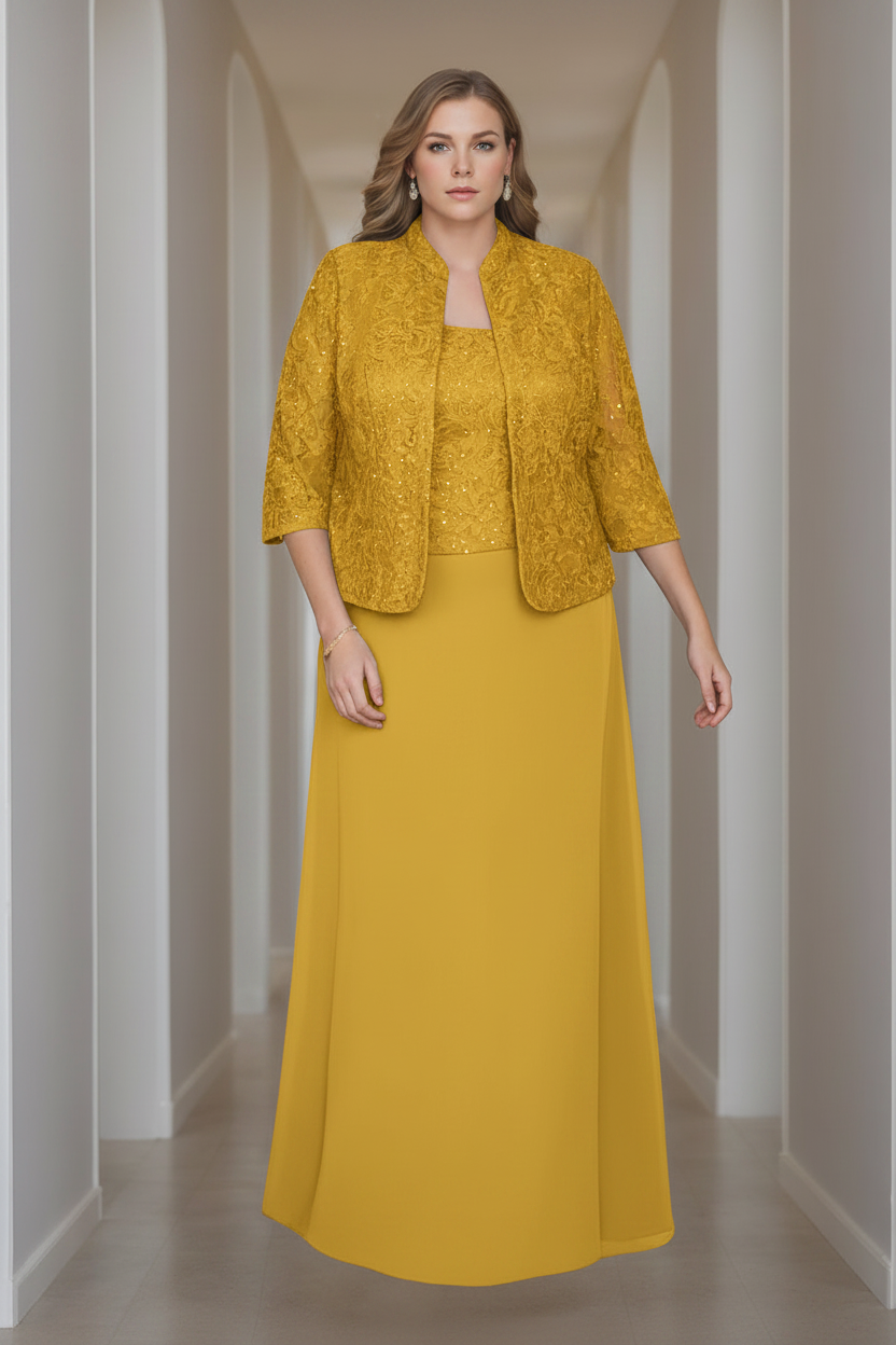 Sheath/Column 2 Pieces Square Neck 3/4 Length Sleeves Floor-Length Mother of the Bride Dresses with Jacket, Lace & Sequins